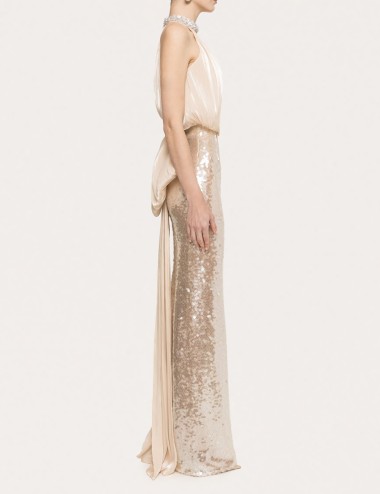 Abito lungo con paillettes e fiocco decorativo crema