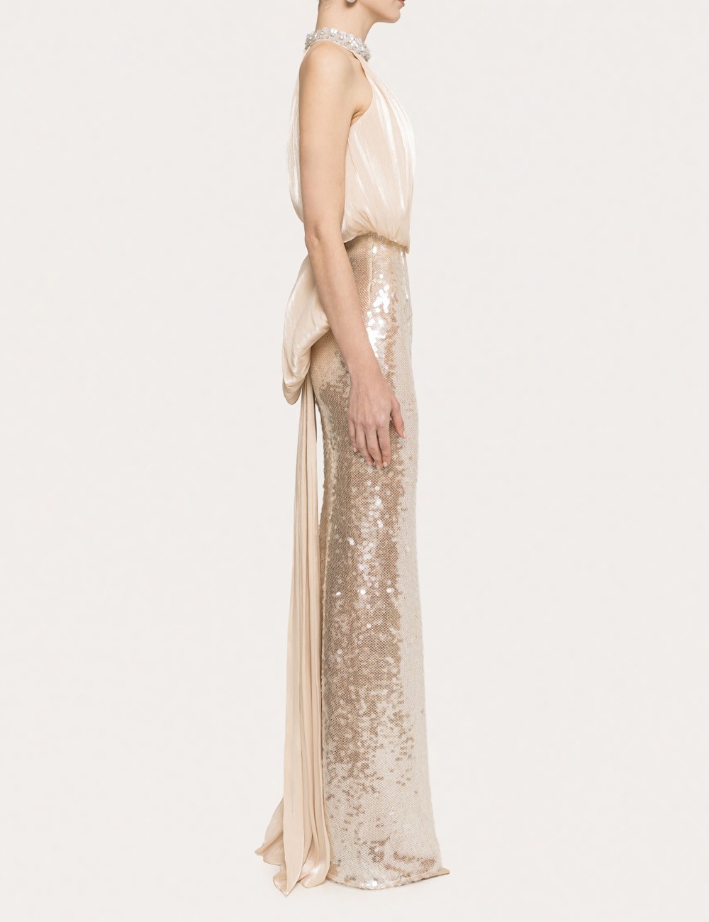 Abito lungo con paillettes e fiocco decorativo crema