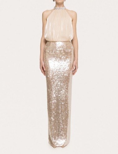 Bow-detail sequin maxi dress Cream