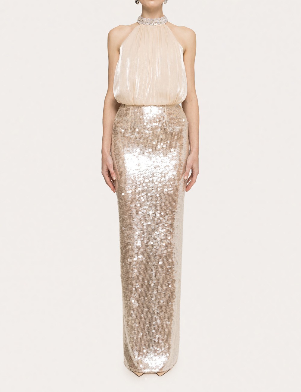 Abito lungo con paillettes e fiocco decorativo crema