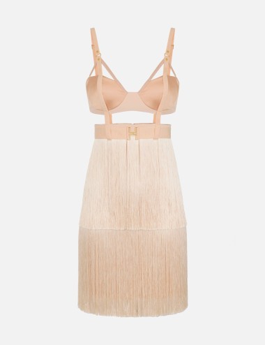 Mini dress in lightweight crêpe fabric with fringes nude