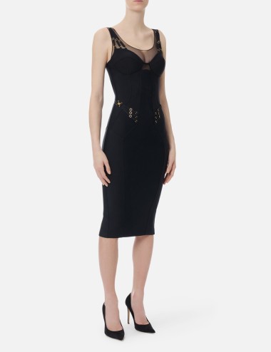Lightweight jersey and tulle dress with elastic straps nero