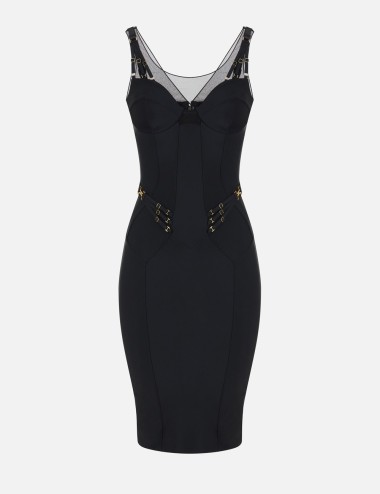 Abito in jersey leggero e tulle con elastici nero