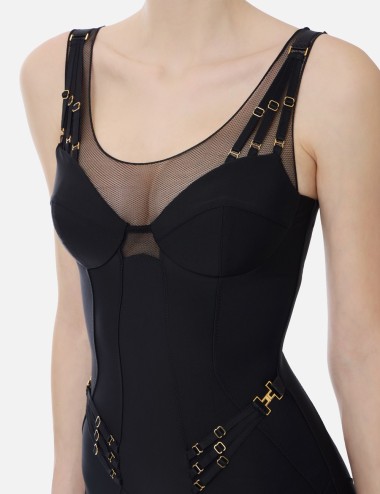 Lightweight jersey and tulle dress with elastic straps nero