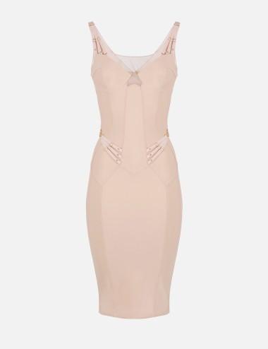 Lightweight jersey and tulle dress with elastic straps nude