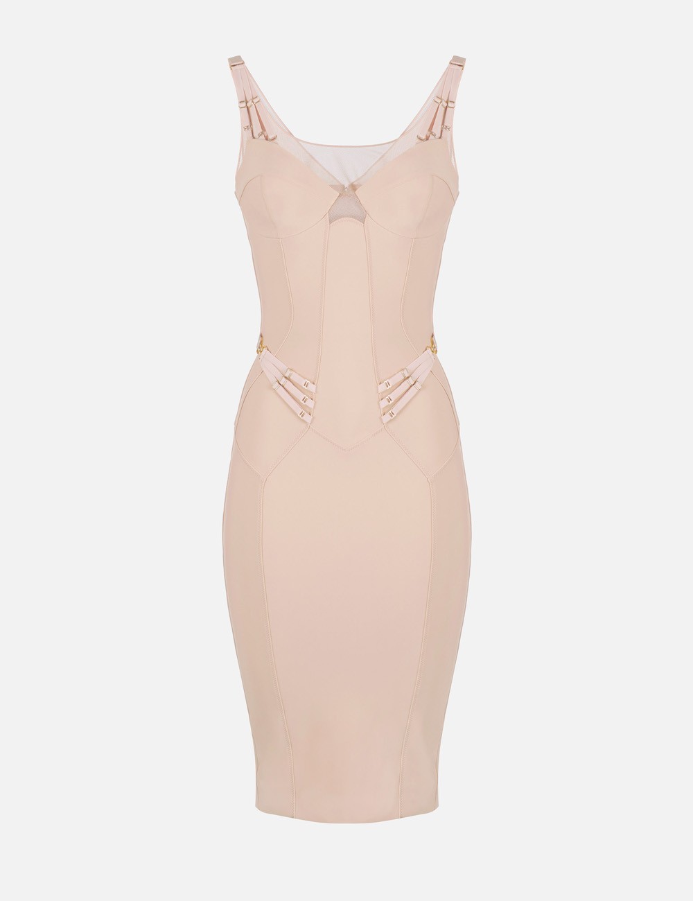 Abito in jersey leggero e tulle con elastici nude