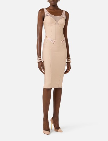 Abito in jersey leggero e tulle con elastici nude