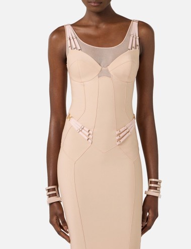 Lightweight jersey and tulle dress with elastic straps nude