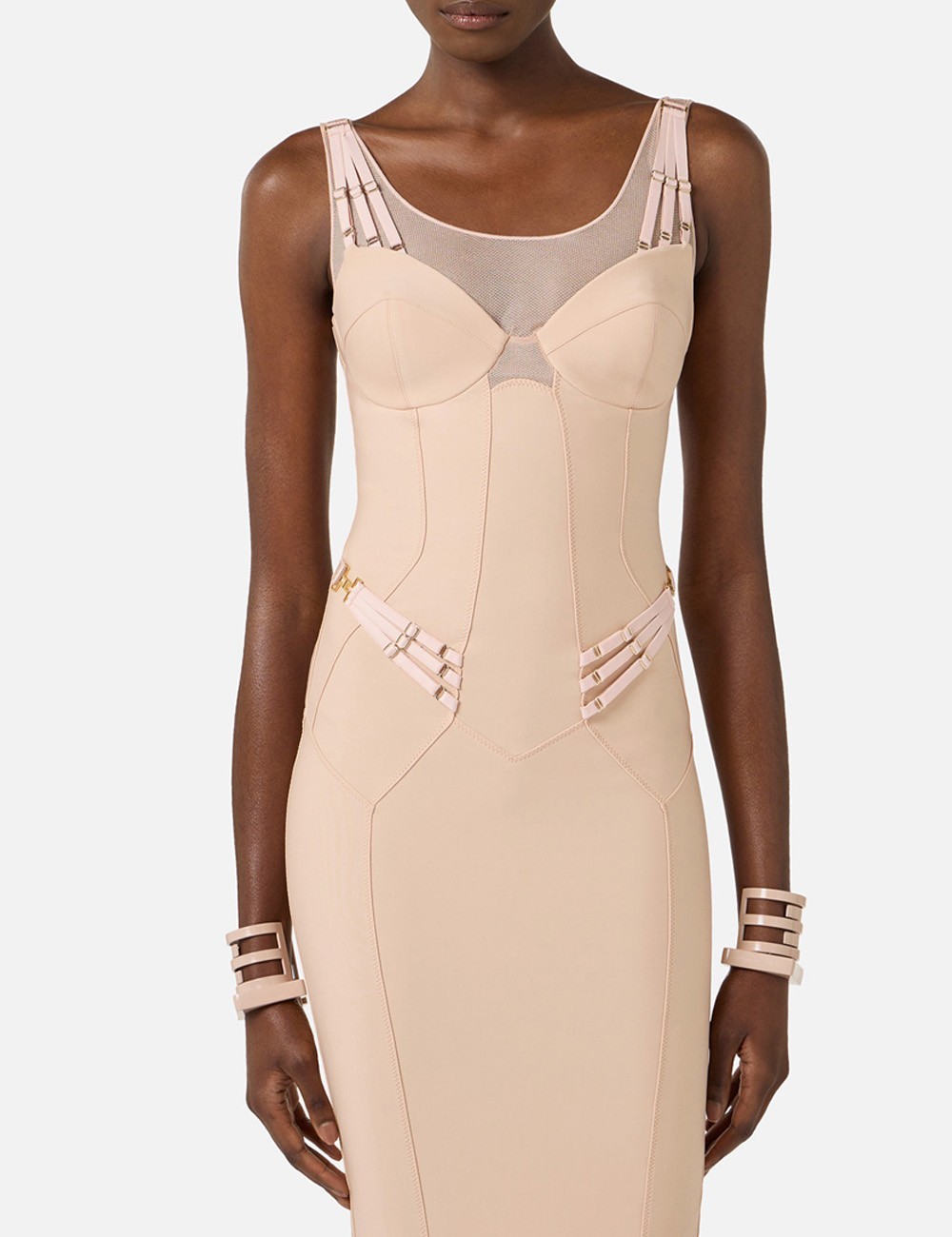 Abito in jersey leggero e tulle con elastici nude
