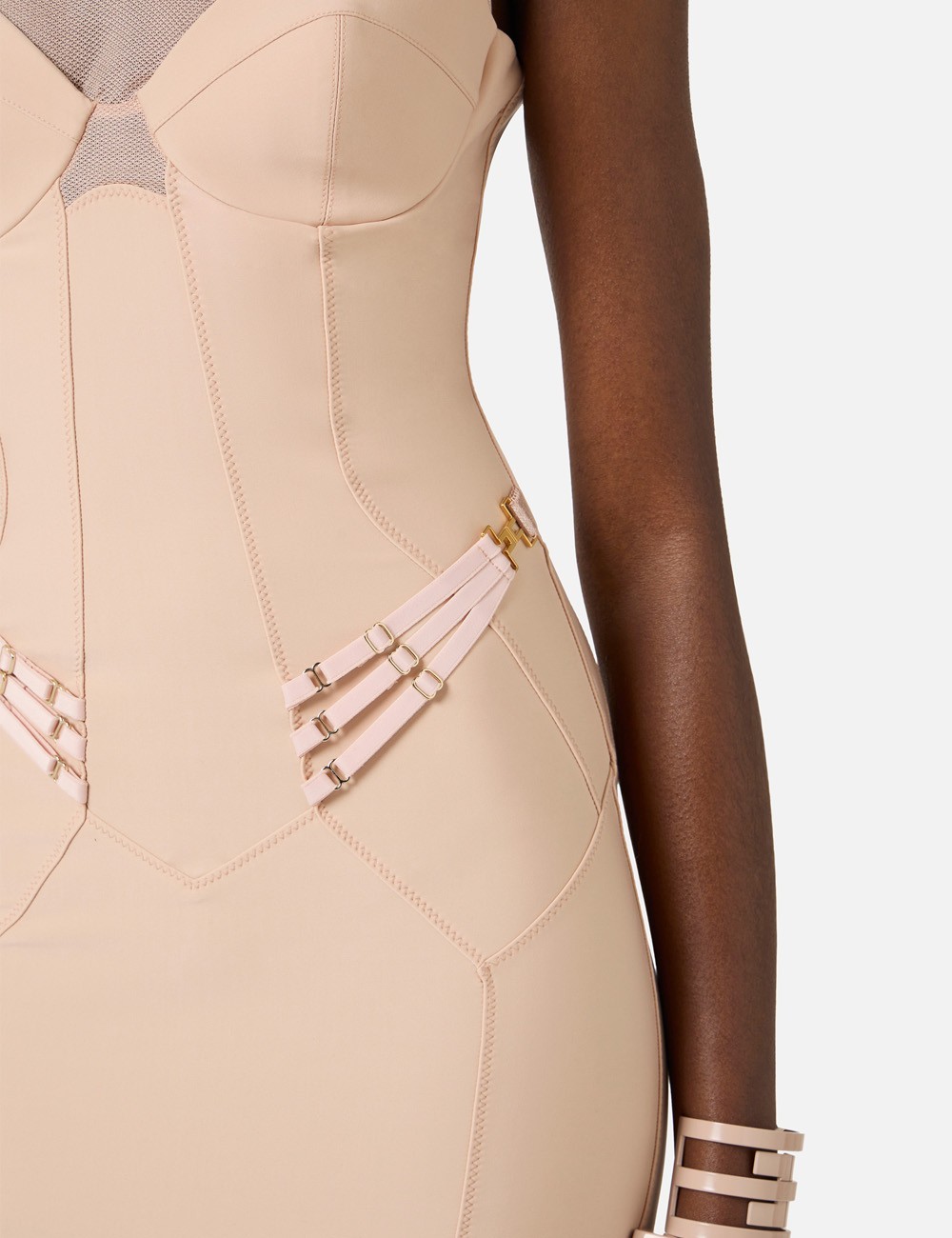 Lightweight jersey and tulle dress with elastic straps nude