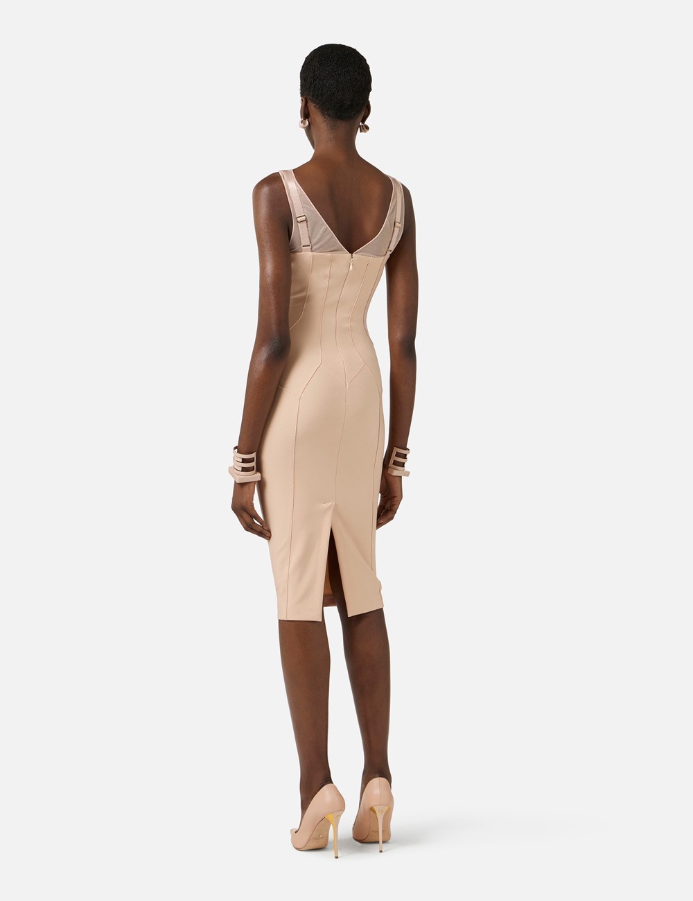 Lightweight jersey and tulle dress with elastic straps nude
