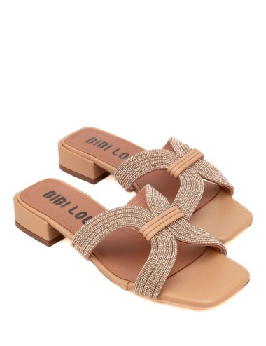 Sandalo basso a fasce con strass nude