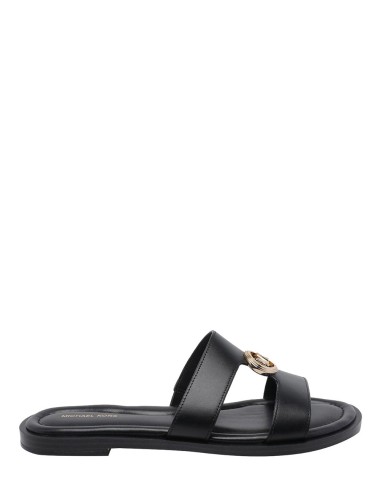 Sandalo a fasce con logo oro in pelle nero