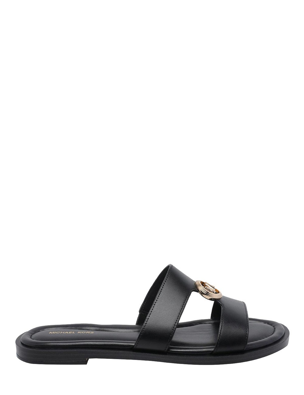 Sandalo a fasce con logo oro in pelle nero