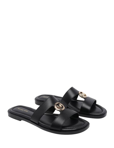 Sandalo a fasce con logo oro in pelle nero