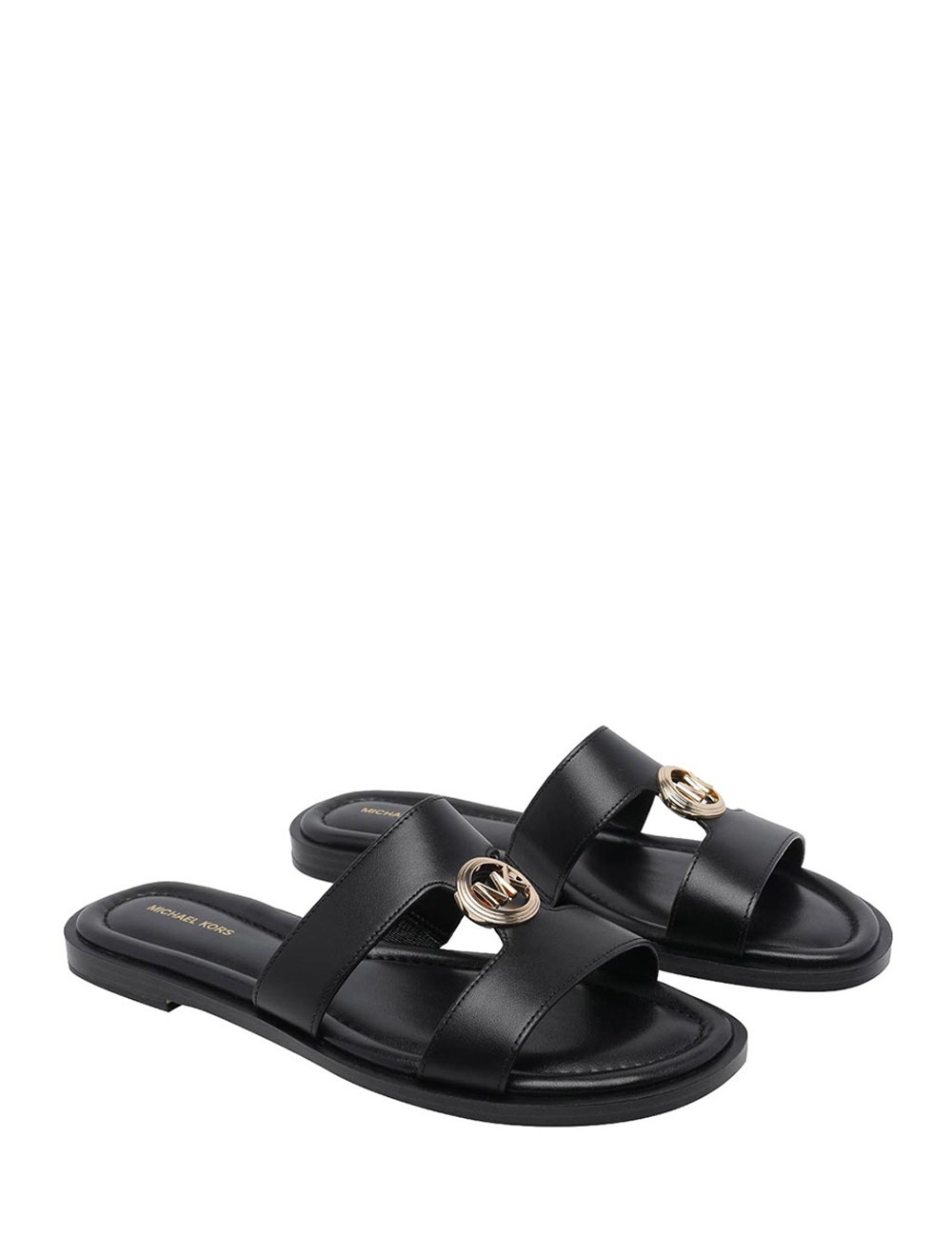 Sandalo a fasce con logo oro in pelle nero