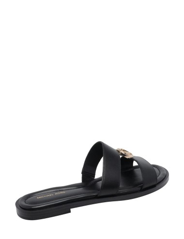 Sandalo a fasce con logo oro in pelle nero