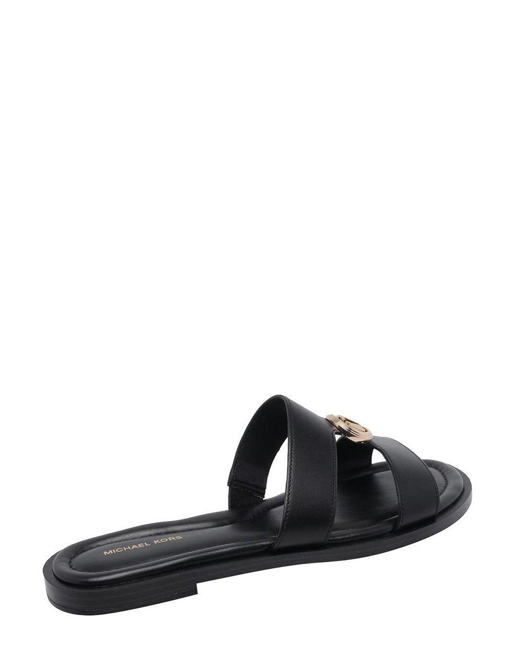 Sandalo a fasce con logo oro in pelle nero