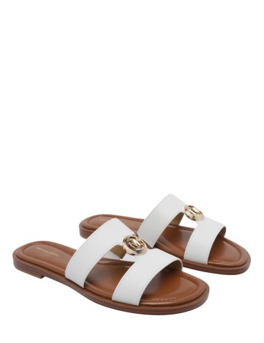 Sandalo a fasce con logo oro in pelle bianco