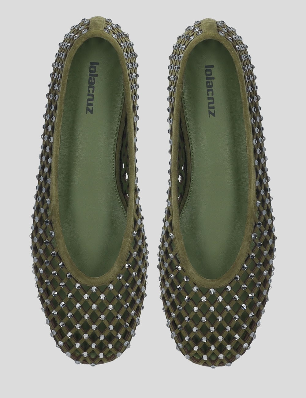 Ballerine LEONOR scamosciate traforate rete con strass green khaki