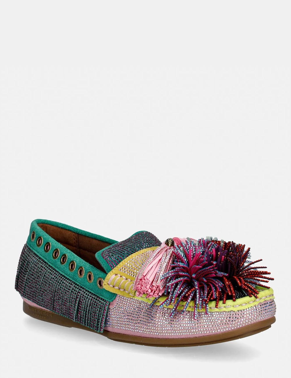 Mocassino Pom pom in tessuto e strass multicolore