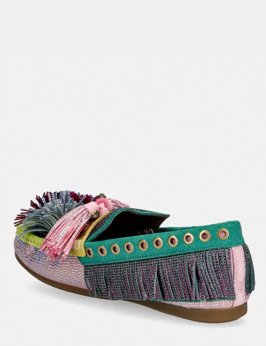 Mocassino Pom pom in tessuto e strass multicolore