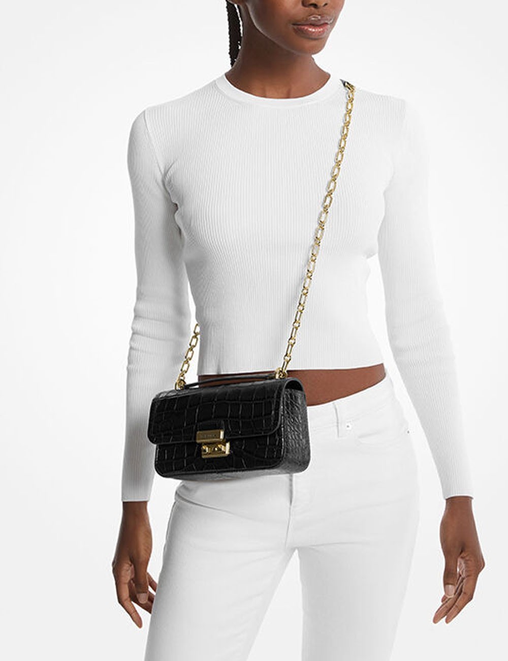 Tribeca Small Crocodile Embossed Leather Crossbody Bag black