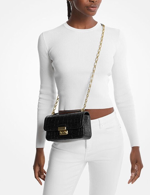 Tribeca Small Crocodile Embossed Leather Crossbody Bag black