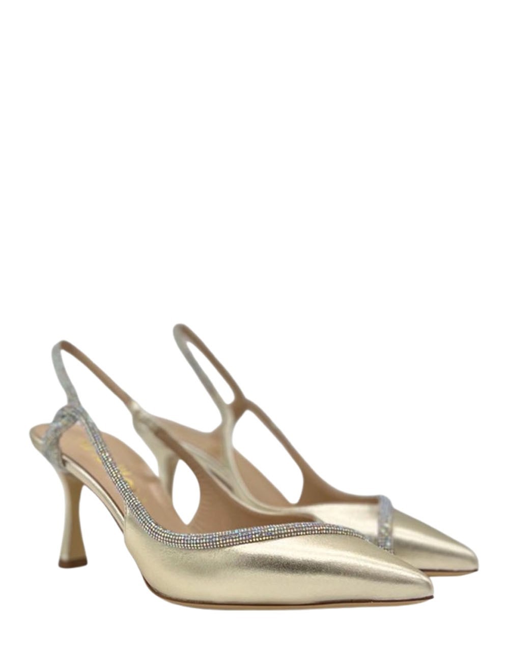 Slingback in pelle laminata con tacco con strass platino