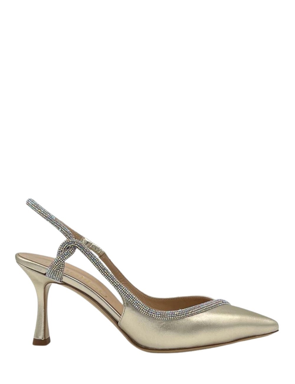Slingback in pelle laminata con tacco con strass platino