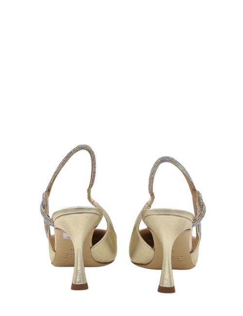 Slingback in pelle laminata con tacco con strass platino
