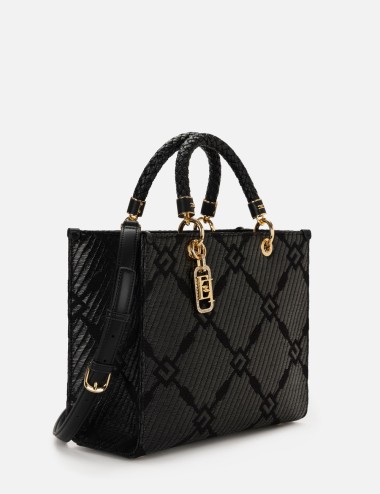 Tote media in jacquard con charms nera