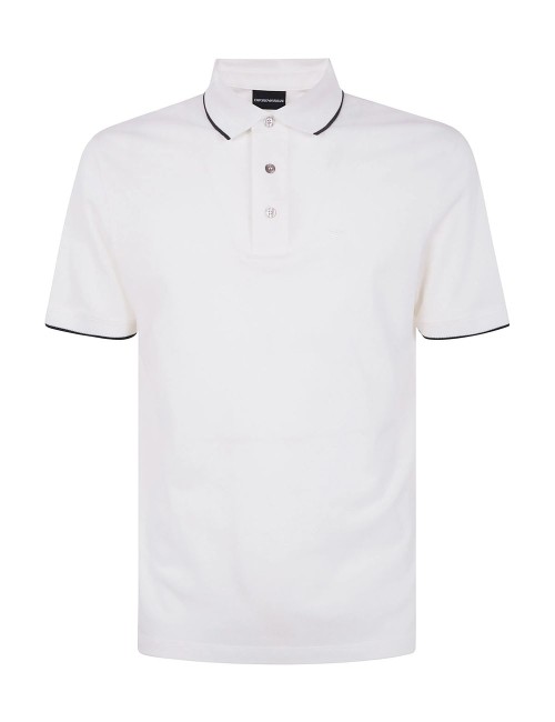 Polo in piquet stretch con ricamo micro eagle bianco