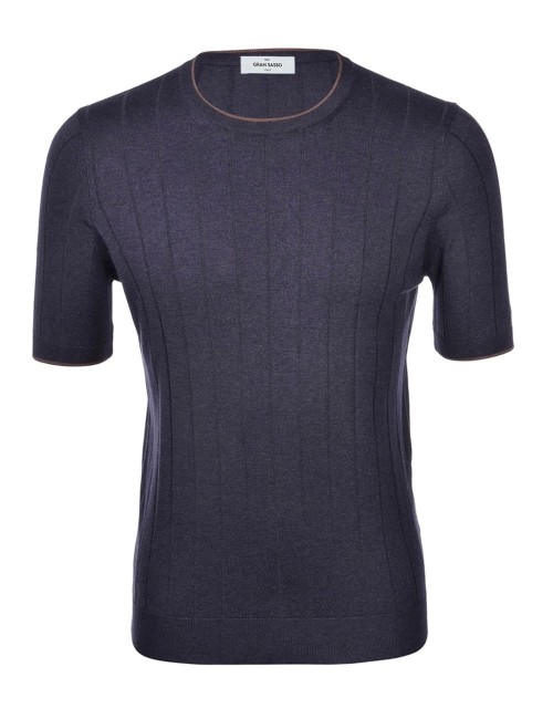 SILK RIBBED KNIT T-SHIRT BLUE BROWN