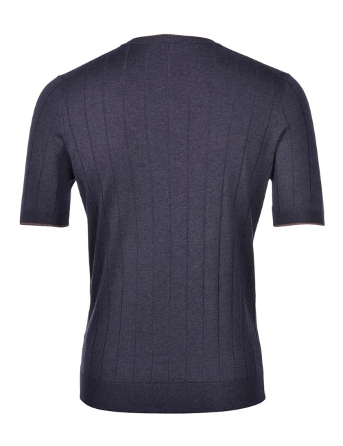 SILK RIBBED KNIT T-SHIRT BLUE BROWN