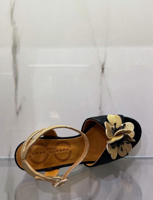 Sandali con plateau KASKI nero fiori oro