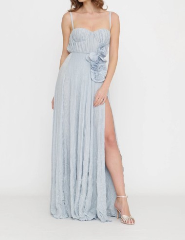 Red Carpet dress made of lurex jersey fabric with embroidered sky blue