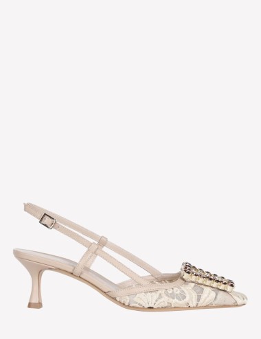 Slingback VITTORIA in macramè e tulle con fibbia cristallo beige