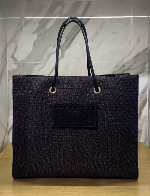 Tote grande in rafia jacquard nera