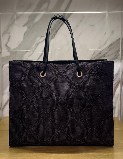 Large tote bag in jacquard raffia black