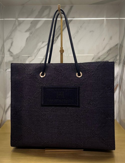 Large tote bag in jacquard raffia black