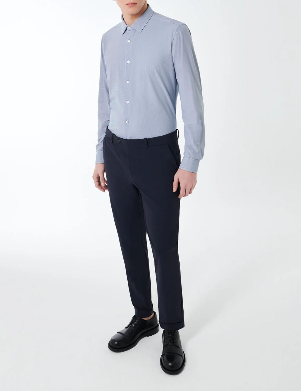 Oxford Jacquard Open Shirt Dark Blue Vertical Stripes Fancy