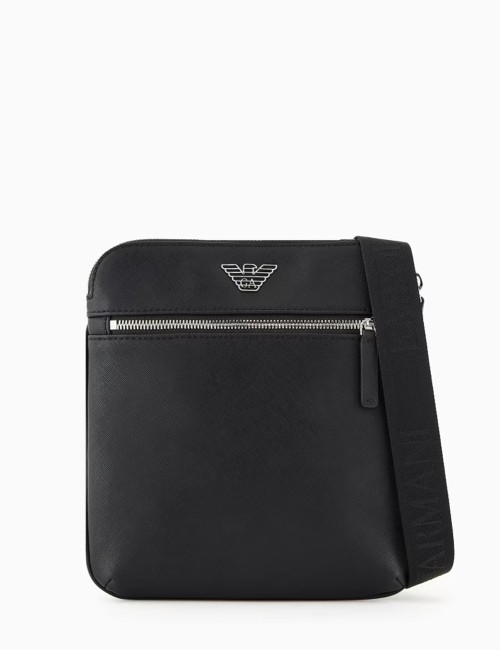 ASV regenerated Saffiano leather flat shoulder bag with eagle plate black