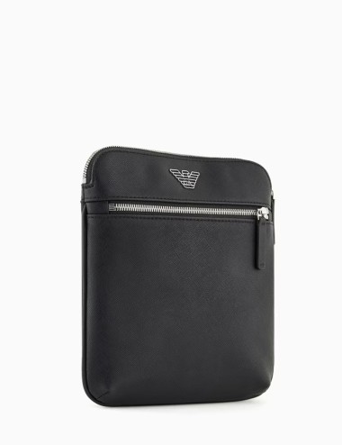 ASV regenerated Saffiano leather flat shoulder bag with eagle plate black