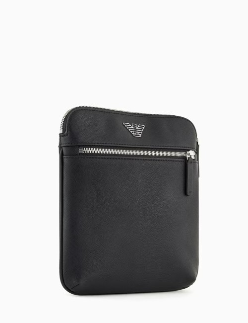 ASV regenerated Saffiano leather flat shoulder bag with eagle plate black