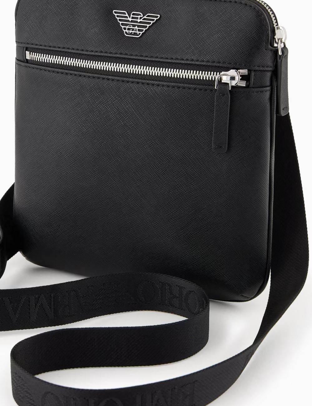 ASV regenerated Saffiano leather flat shoulder bag with eagle plate black