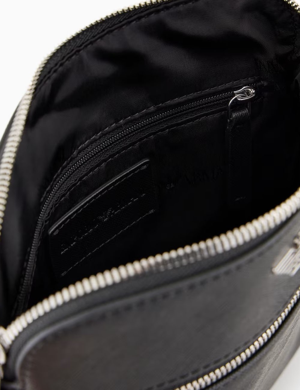 ASV regenerated Saffiano leather flat shoulder bag with eagle plate black