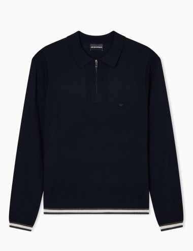 Maglione collo polo con zip in lana vergine rasata blu navy