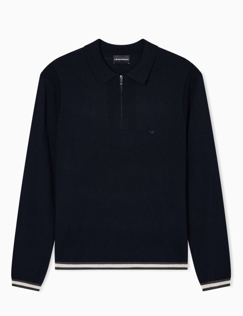 Polo-shirt collar jumper in pure virgin wool blue navy