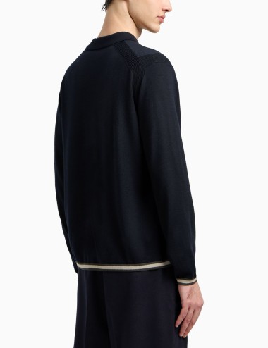 Polo-shirt collar jumper in pure virgin wool blue navy